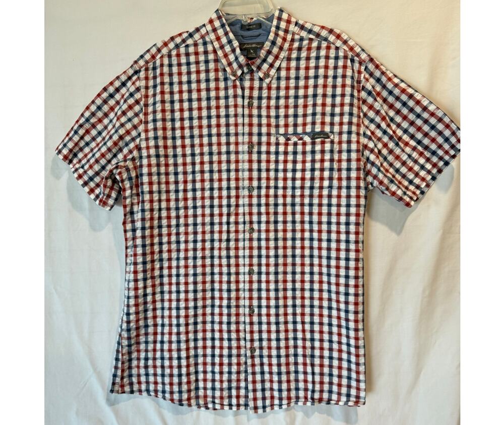 Men's Eddie Bauer short sleeve button down XLTall seersucker red white blue